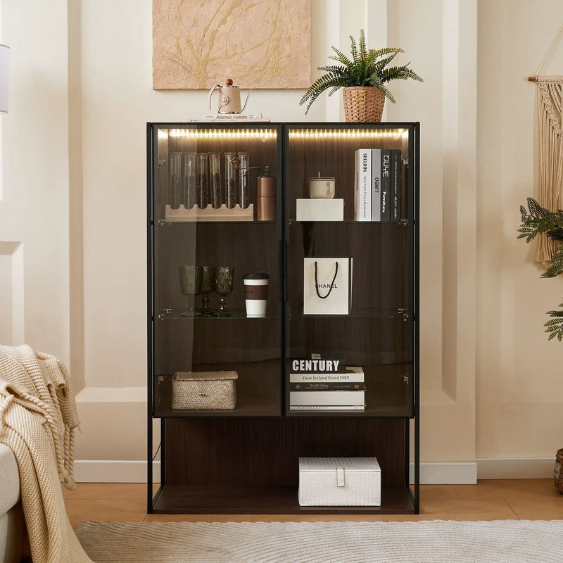 Modern Minimalist Tall Lighted Display Cabinet With Tempered Glass Door - Black / Dark Walnut by HouseOfZazla