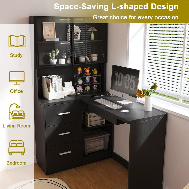 L-Shaped Computer Desk With Glass Cabinets, Built In LED Lights, USB Charging Ports by Unique Piece Furniture