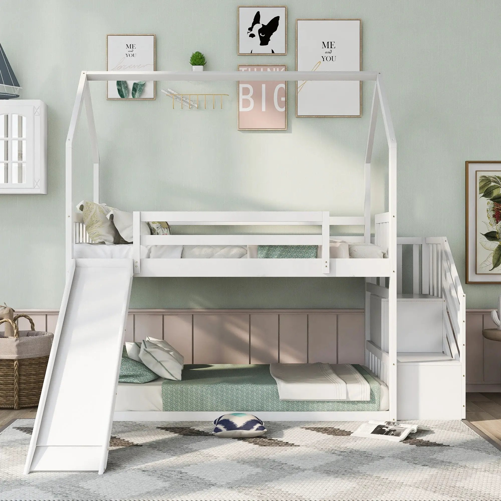 Twin Over Twin House Bunk Bed With Convertible Slide, Storage Staircase by HouseOfZazla