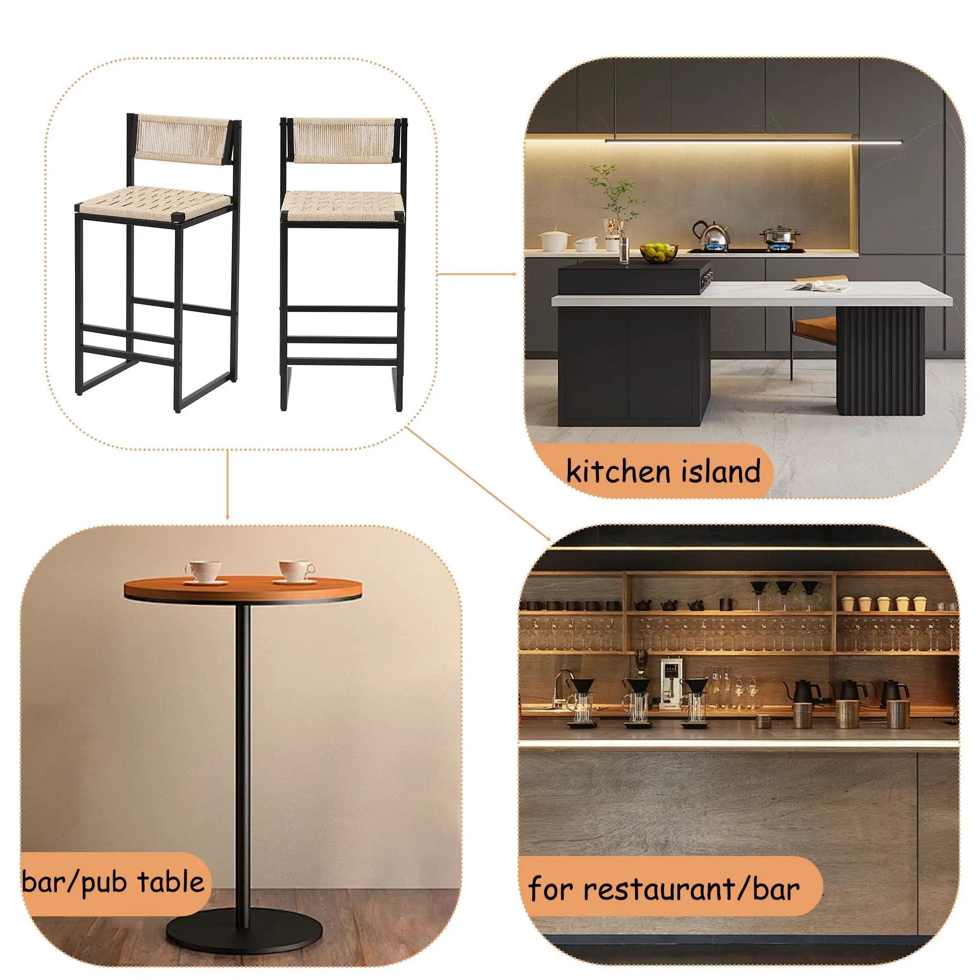 Style B, Woven Bar Stools With Backrest, Paper Rope Weave Dining Chairs For Kitchen Island - Creamy White by HouseOfZazla