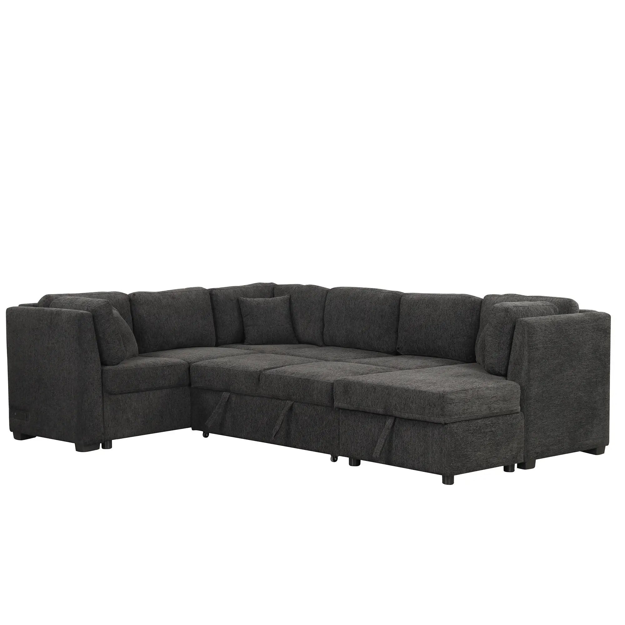 U-Shaped Sectional Sofa Pull Out Sofa Bed With Two USB Ports, Two Power Sockets, Three Back Pillows And A Storage Chaise For Living Room by HouseOfZazla