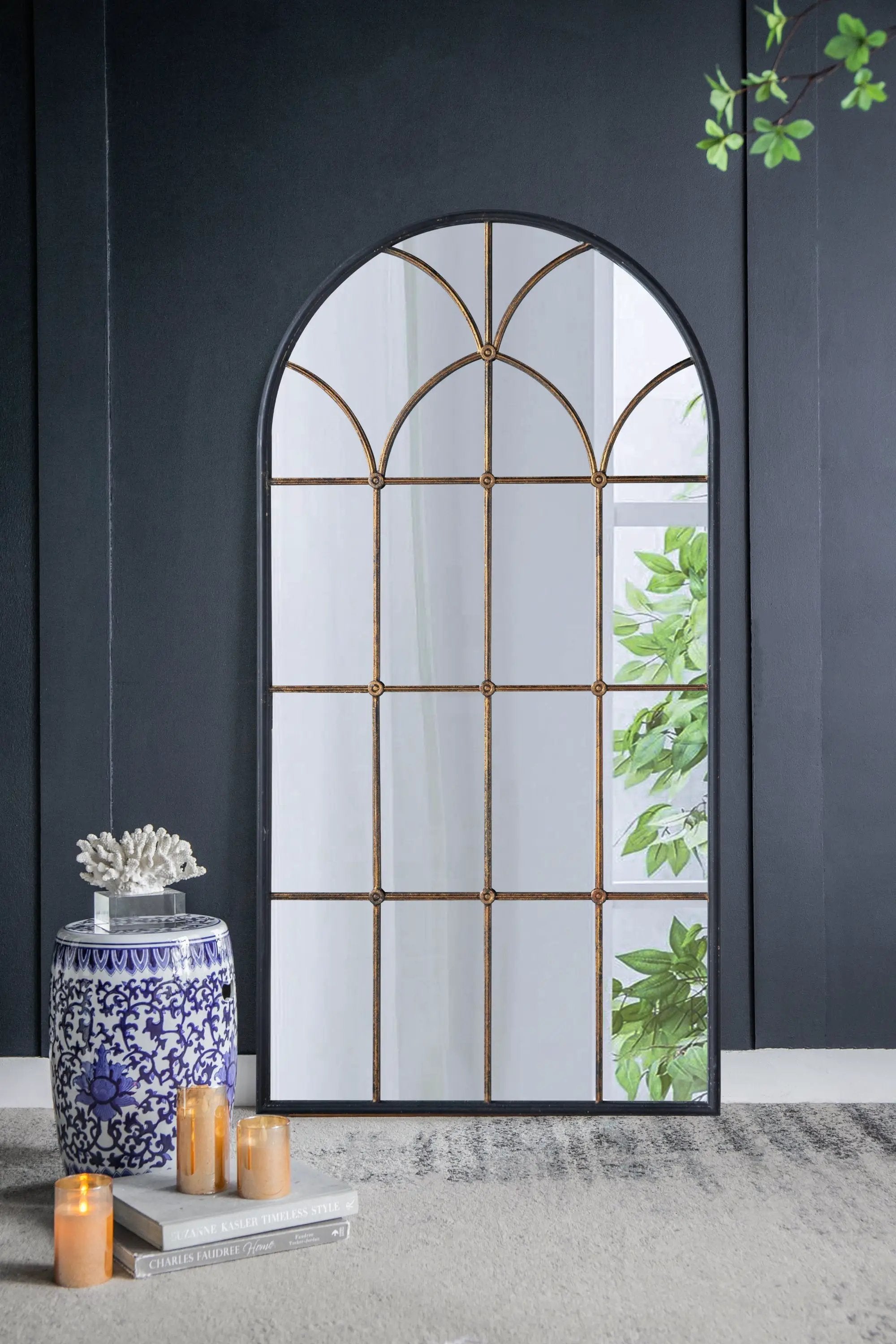 34x65.5' Arched Full-Length Mirror with Black and Gold Windowpane Design by HouseOfZazla