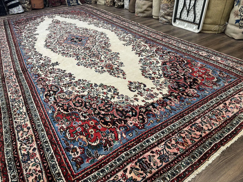 Palace Size Persian Rug 10 x 21 ft, Antique Hamadan Bibikabad Carpet, Handmade Antique Wool Oversized Rug, Ivory, Semi Open Field by Jewel Rugs