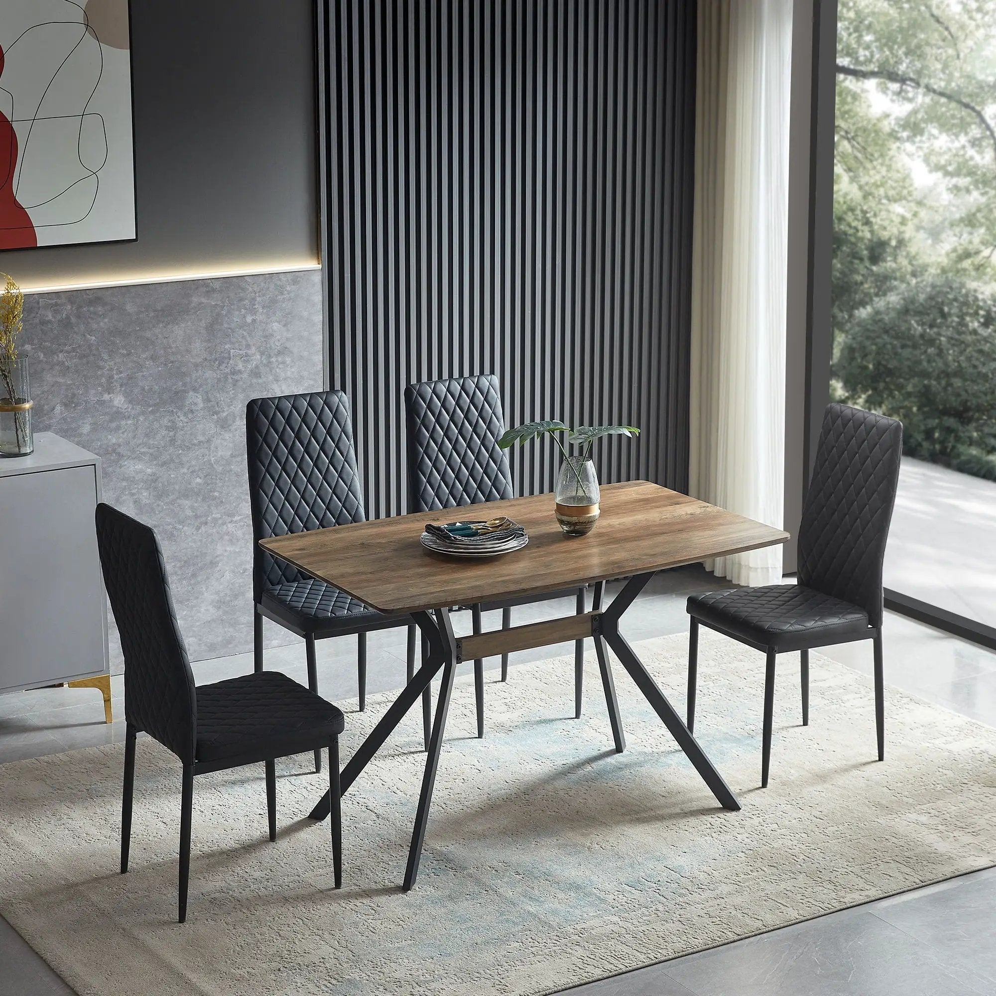 Modern Minimalist Style Dining Table MDF Wooden Top Metal Shelf Metal Heat Transfer Legs Leveling Feet For Dining Room Kitchen Office Table - Walnut / Black by HouseOfZazla