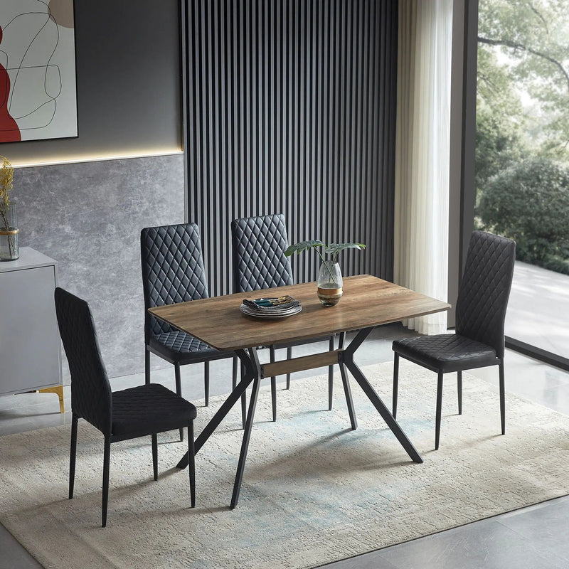 Modern Minimalist Style Dining Table MDF Wooden Top Metal Shelf Metal Heat Transfer Legs Leveling Feet For Dining Room Kitchen Office Table - Walnut / Black by HouseOfZazla