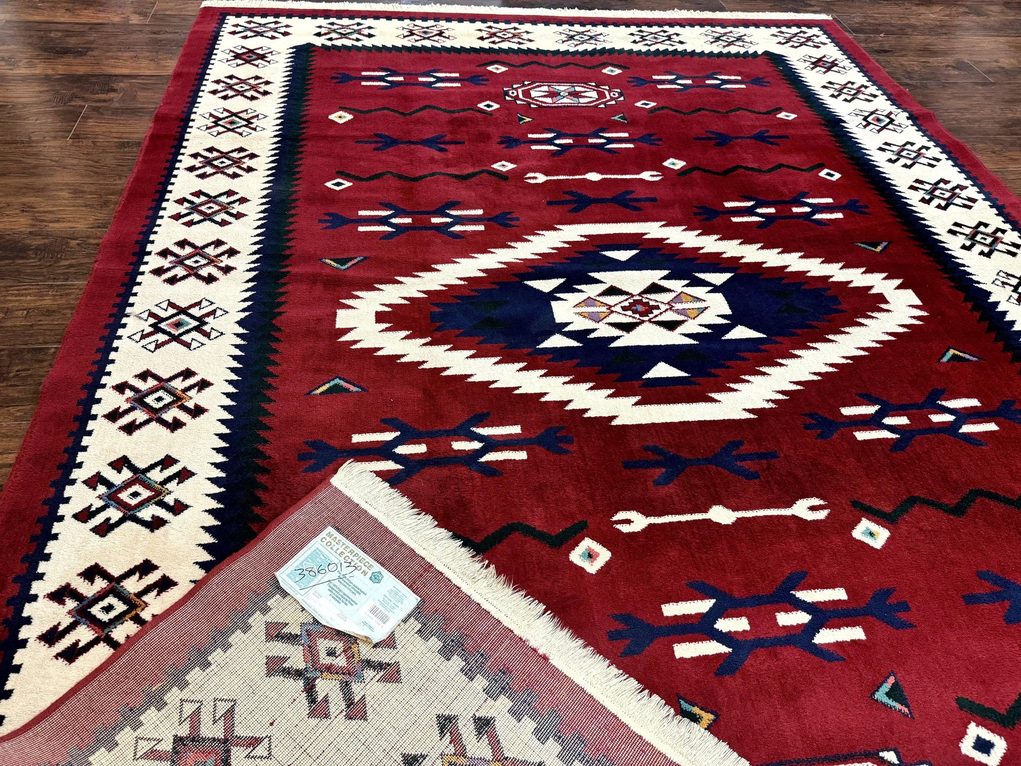 Belgium Power Loomed Rug 8x11, Navajo Native American Design, Dark Red and Ivory, Tribal Rug, Bohemian Carpet by Jewel Rugs
