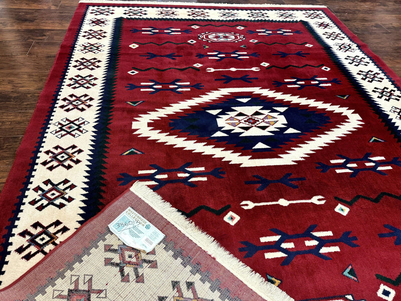 Belgium Power Loomed Rug 8x11, Navajo Native American Design, Dark Red and Ivory, Tribal Rug, Bohemian Carpet by Jewel Rugs