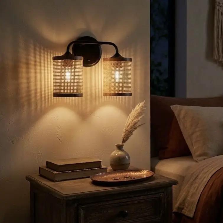 Quell - Double Light Vanity With Natural Shade Wall Lamp - Black / Rattan by Unique Piece Furniture