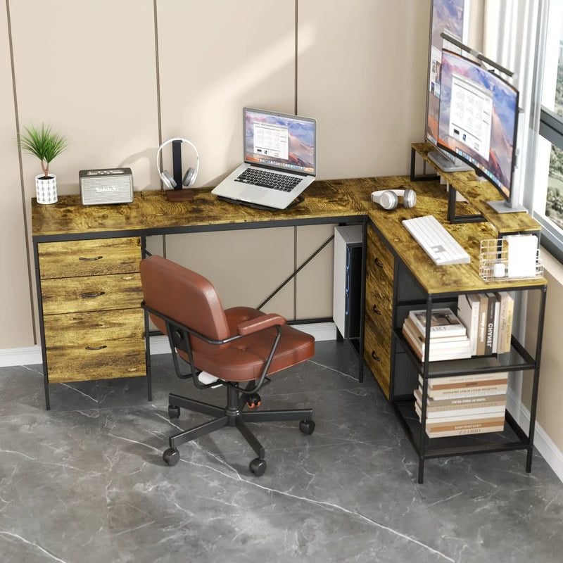 Industrial L Shaped Desk With Power Hub With 6 Drawers And Adjustable Monitor Stands - Brown by Unique Piece Furniture