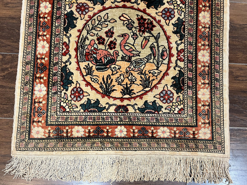 Silk Turkish Rug 2x4, Fine Handmade Oriental Rug, Animal Pictorial Birds Silk Pile on Silk Foundation Vintage Hand Knotted Hereke Carpet by Jewel Rugs