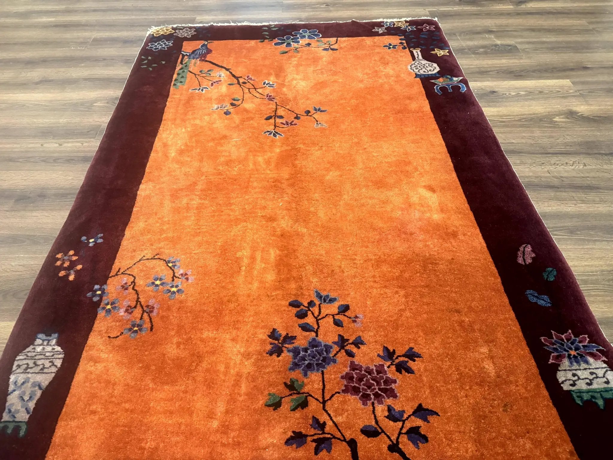 Chinese Art Deco Rug 5x8, Antique Chinese Wool Rug, Nichols Rug, Rare Chinese Carpet, Orange and Purple-Maroon by Jewel Rugs