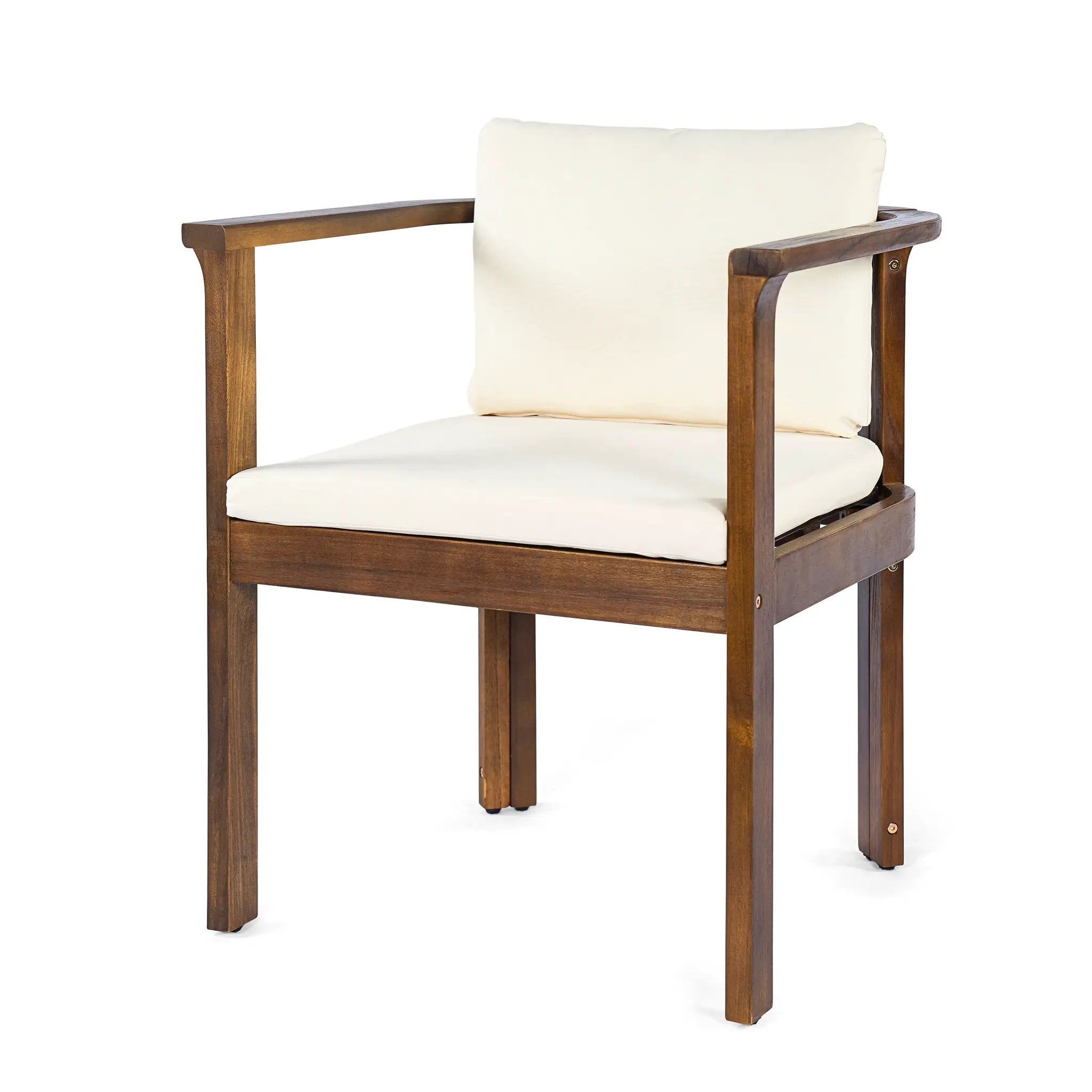 Outdoor Dining Chair Set of 2 with Curved Acacia Wood Arms, Brown Finish and Cream Cushions by HouseOfZazla
