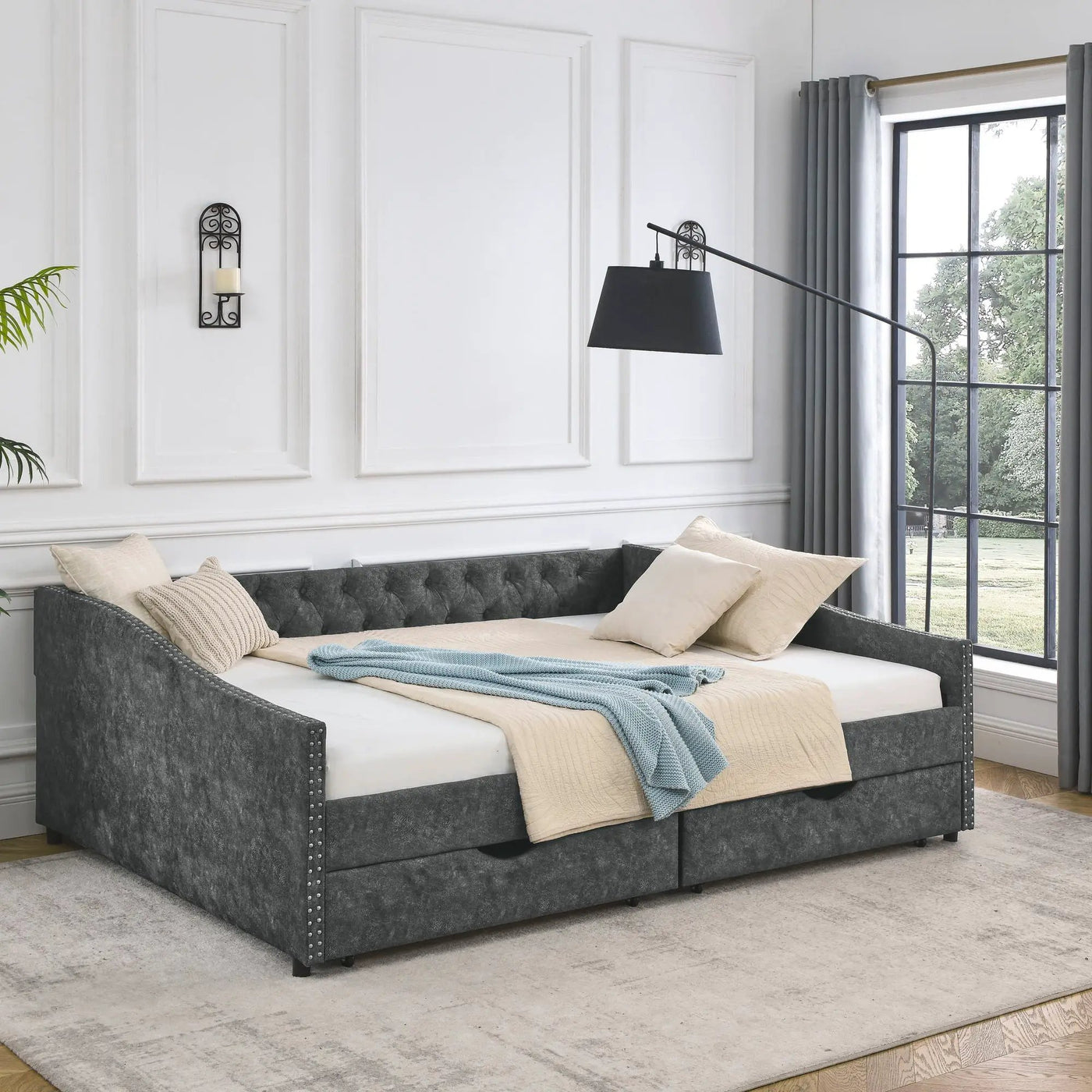 Upholstered Tufted Daybed With Drawers, Waved Arms by Unique Piece Furniture