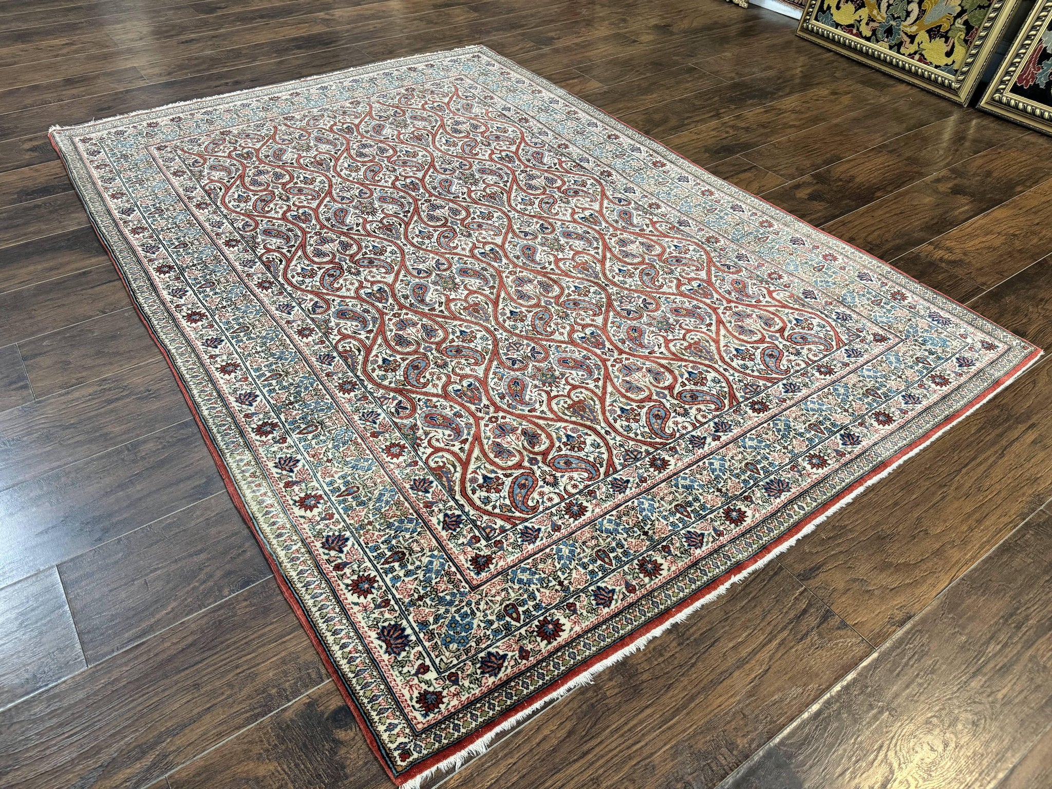 Unique Persian Qum Rug 5x7, Repeated Paisely Boteh Design, Ivory Red Blue, Handmade Antique Wool Persian Carpet, Finely Hand Knotted by Jewel Rugs