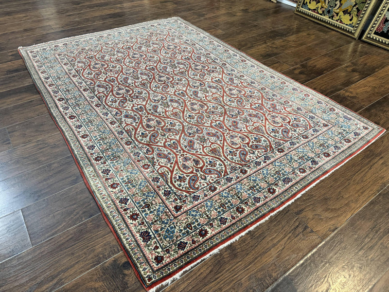 Unique Persian Qum Rug 5x7, Repeated Paisely Boteh Design, Ivory Red Blue, Handmade Antique Wool Persian Carpet, Finely Hand Knotted by Jewel Rugs