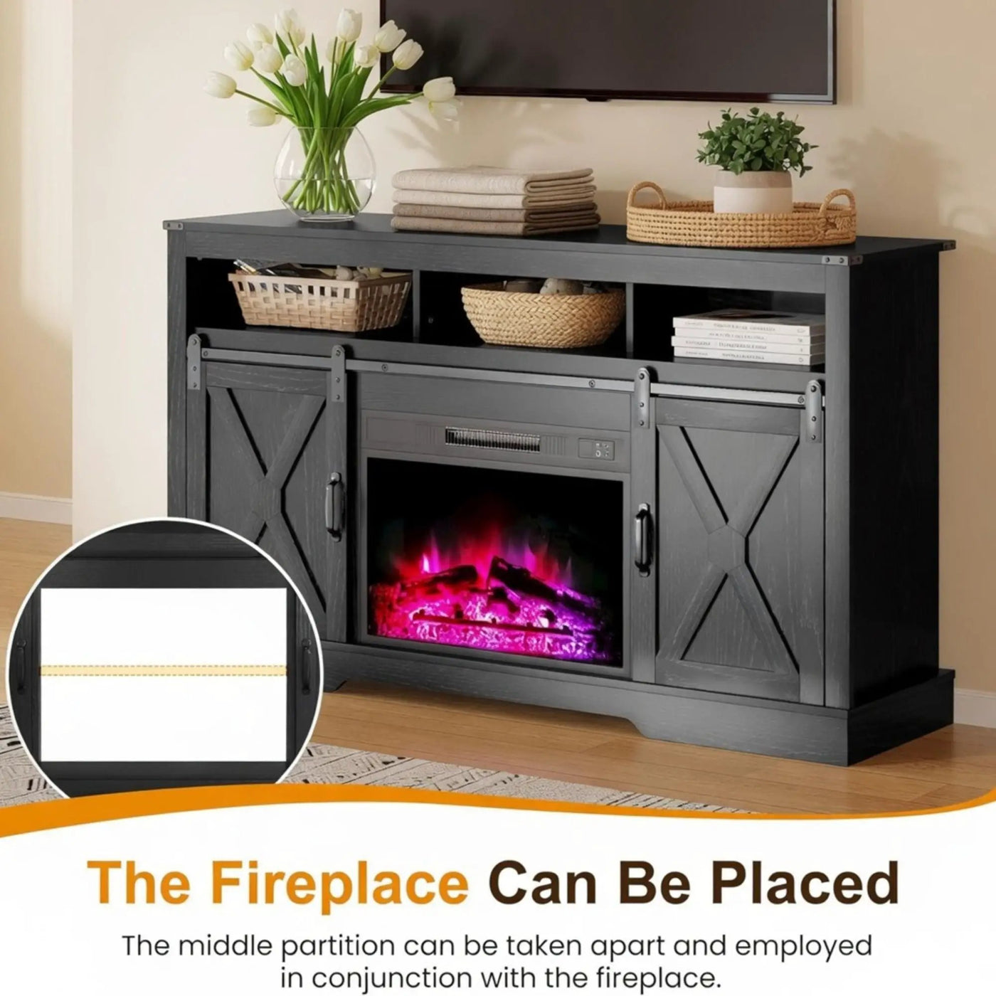 Farmhouse TV Stand With Sliding Barn Doors & Adjustable Storage by HouseOfZazla