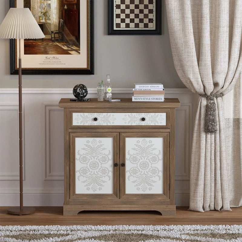Accent Cabinet With Carved Floral Panels, Sideboard With Drawer And Double Doors - Antique Brown / White by HouseOfZazla
