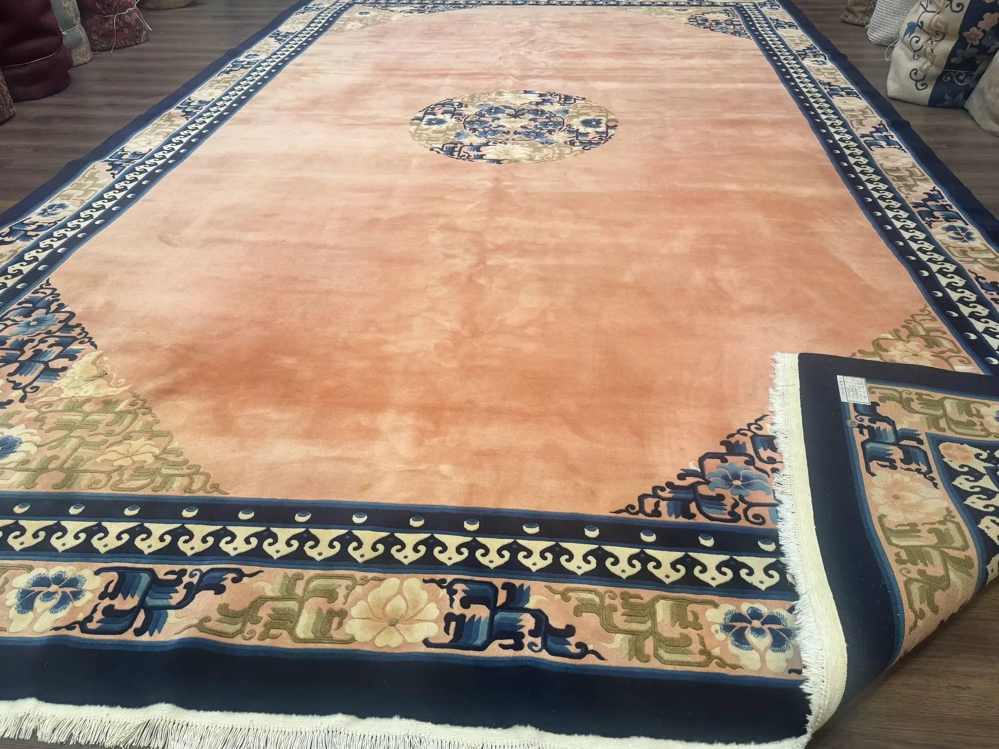 Chinese Wool Rug 11x18, Palace Sized Chinese Carpet, Peking Rug, Peach and Blue, Open Field, Simple Design, Art Deco Rug, Large Handmade Rug by Jewel Rugs