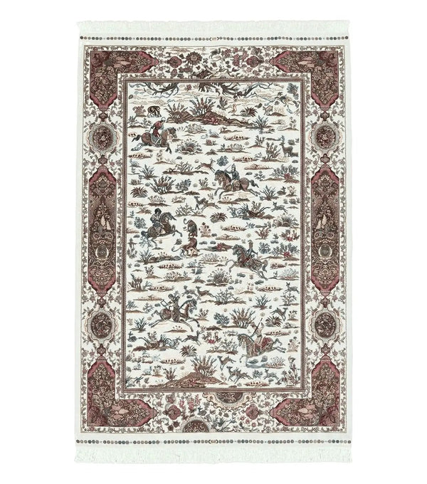 Turkish Silk Rug 5x8, Ivory, Hunting Design, Animal Pictorials, Bamboo Silk