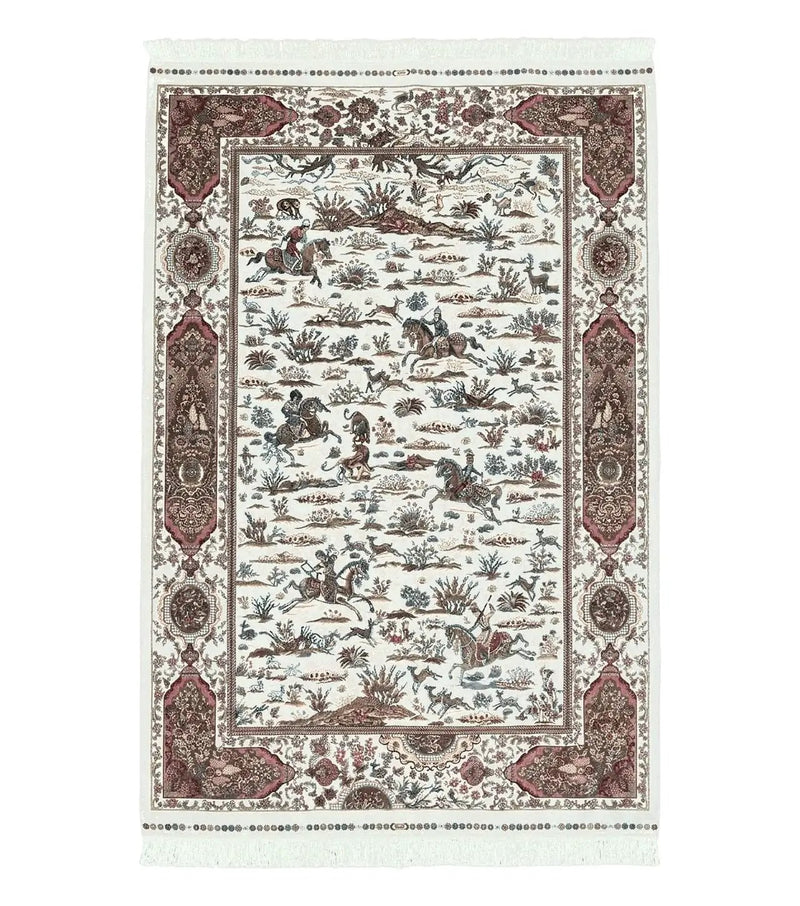 Turkish Silk Rug 5x8, Ivory, Hunting Design, Animal Pictorials, Bamboo Silk by Jewel Rugs