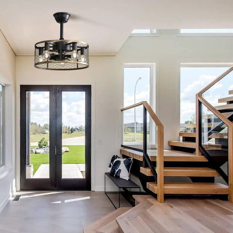 20" Industrial Caged Ceiling Fan With 7 - ABS Blades Remote Control, Small Ceiling Fan Reversible DC Motor - Black by Unique Piece Furniture