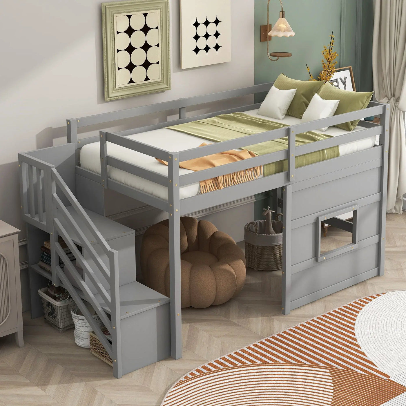 Loft Bed With Storage Staircase, Window & LED Light by HouseOfZazla