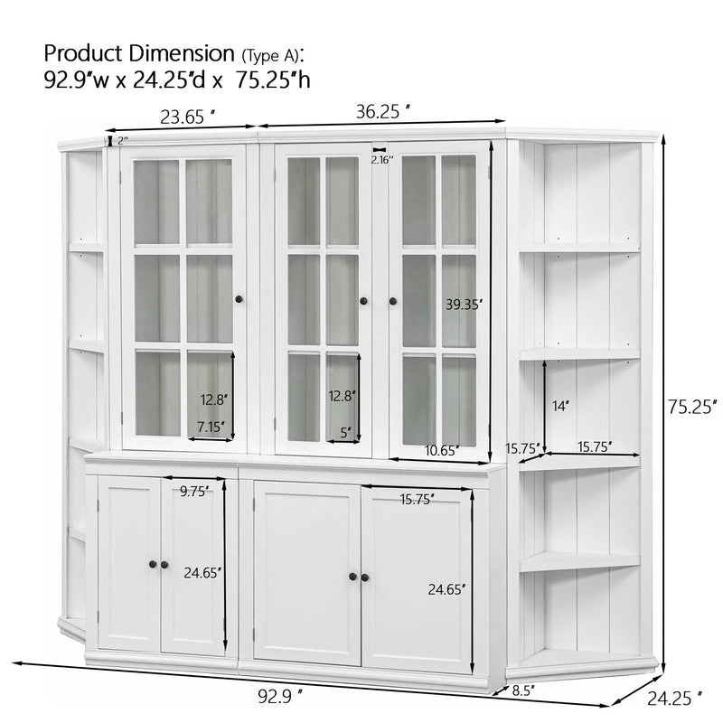 Retro Style Wall Suit With Glass Doors, 75.25" Tall Display Cabinets & Triangle Sided Bookshelves - White by Unique Piece Furniture
