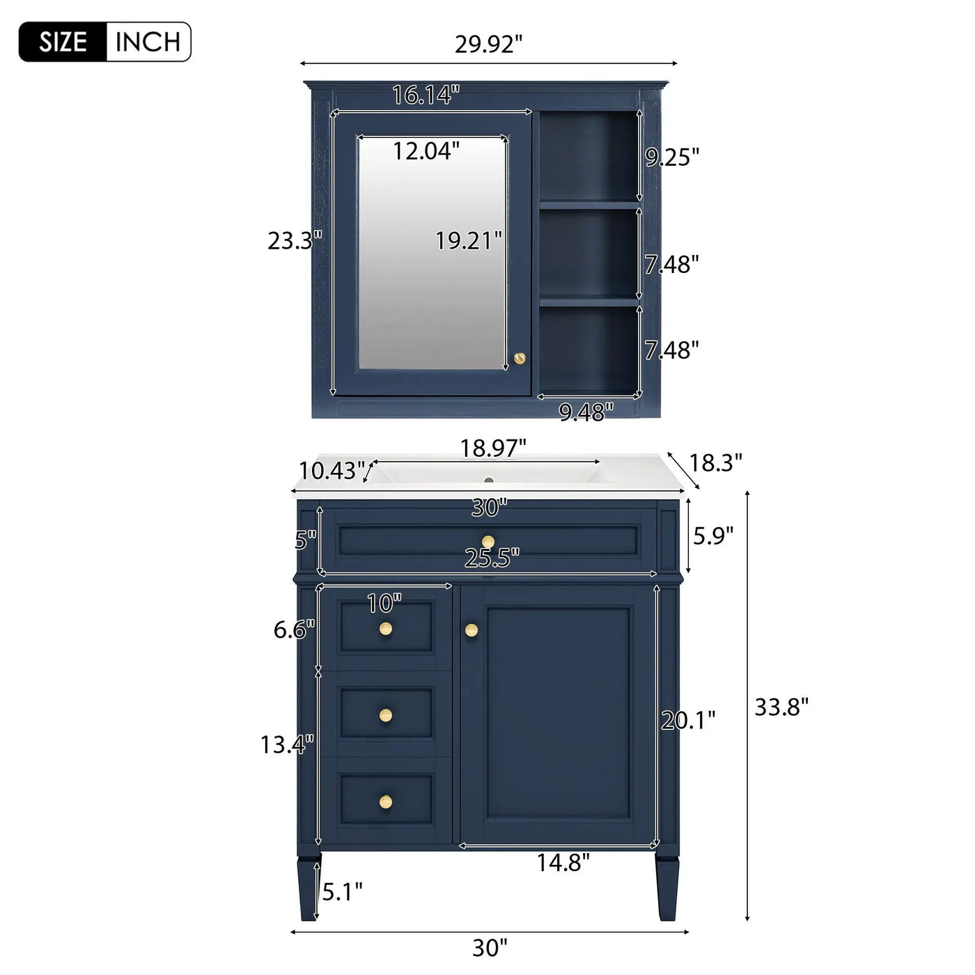Bathroom Vanity With Medicine Cabinet, Royal Mirror Cabinet, Modern Bathroom Storage Cabinet With 2 Soft Closing Doors And 4 Drawers by Unique Piece Furniture