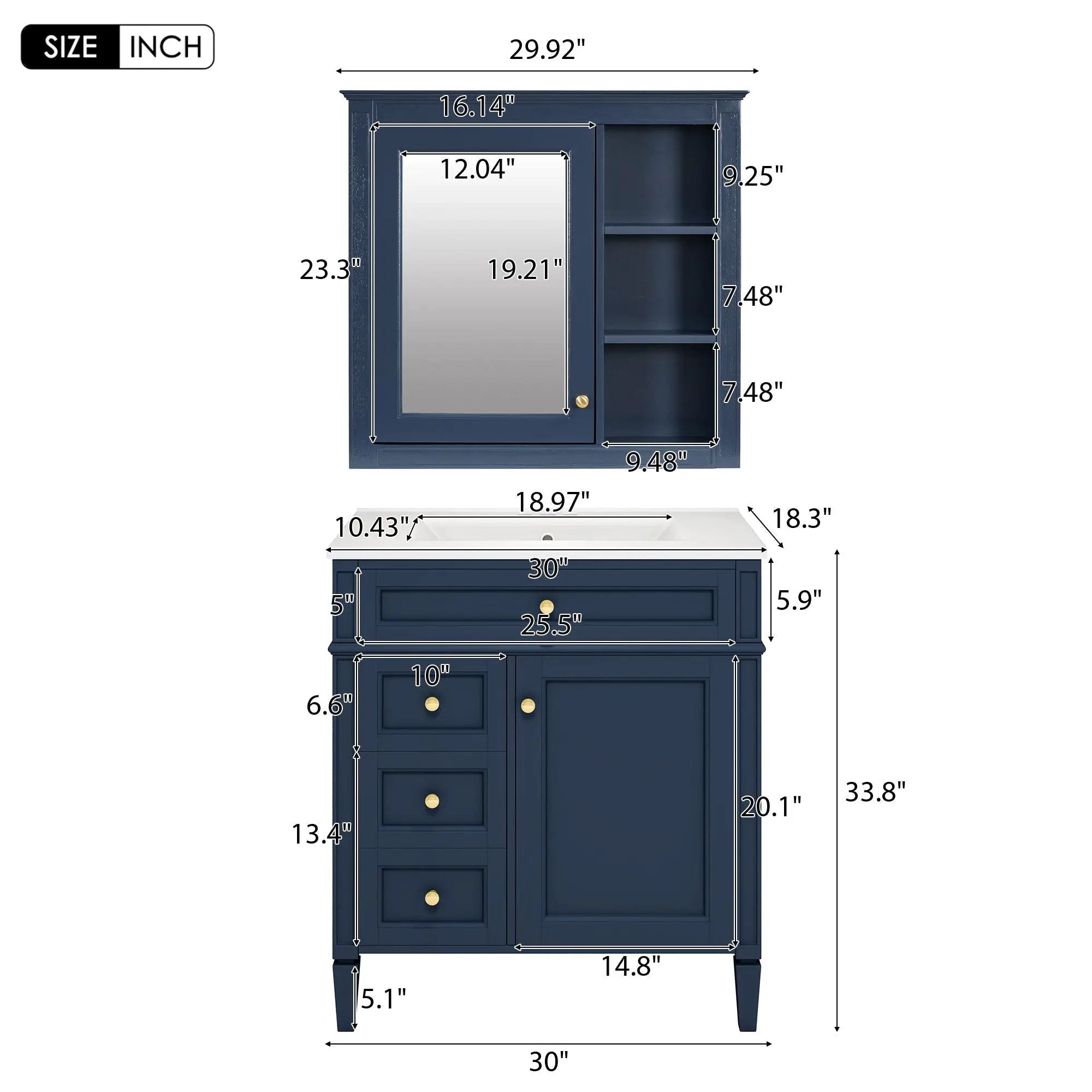 Bathroom Vanity With Medicine Cabinet, Royal Mirror Cabinet, Modern Bathroom Storage Cabinet With 2 Soft Closing Doors And 4 Drawers by Unique Piece Furniture