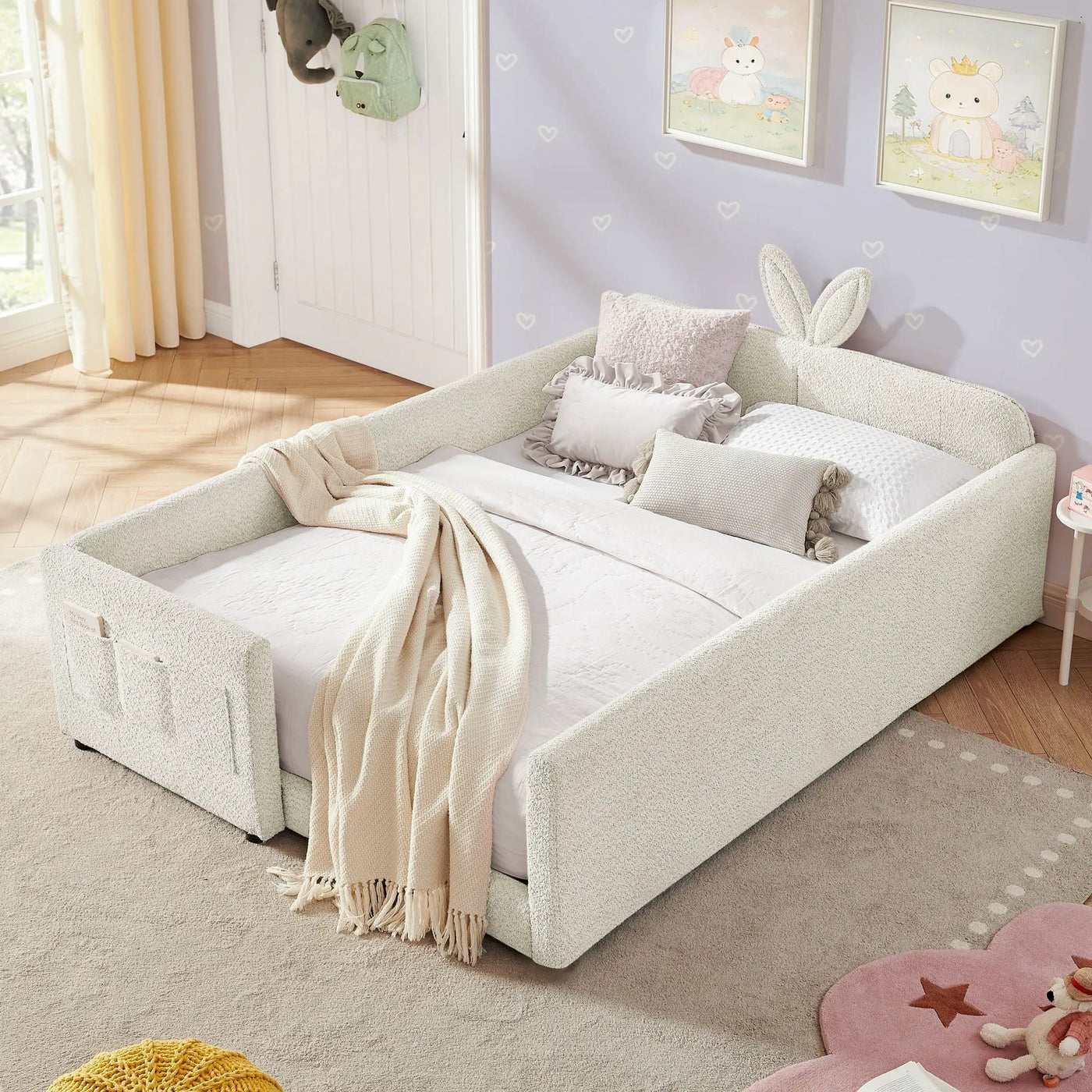 Cute Rabbit Ear Upholstered Platform Bed Frame With Safety Rail by HouseOfZazla