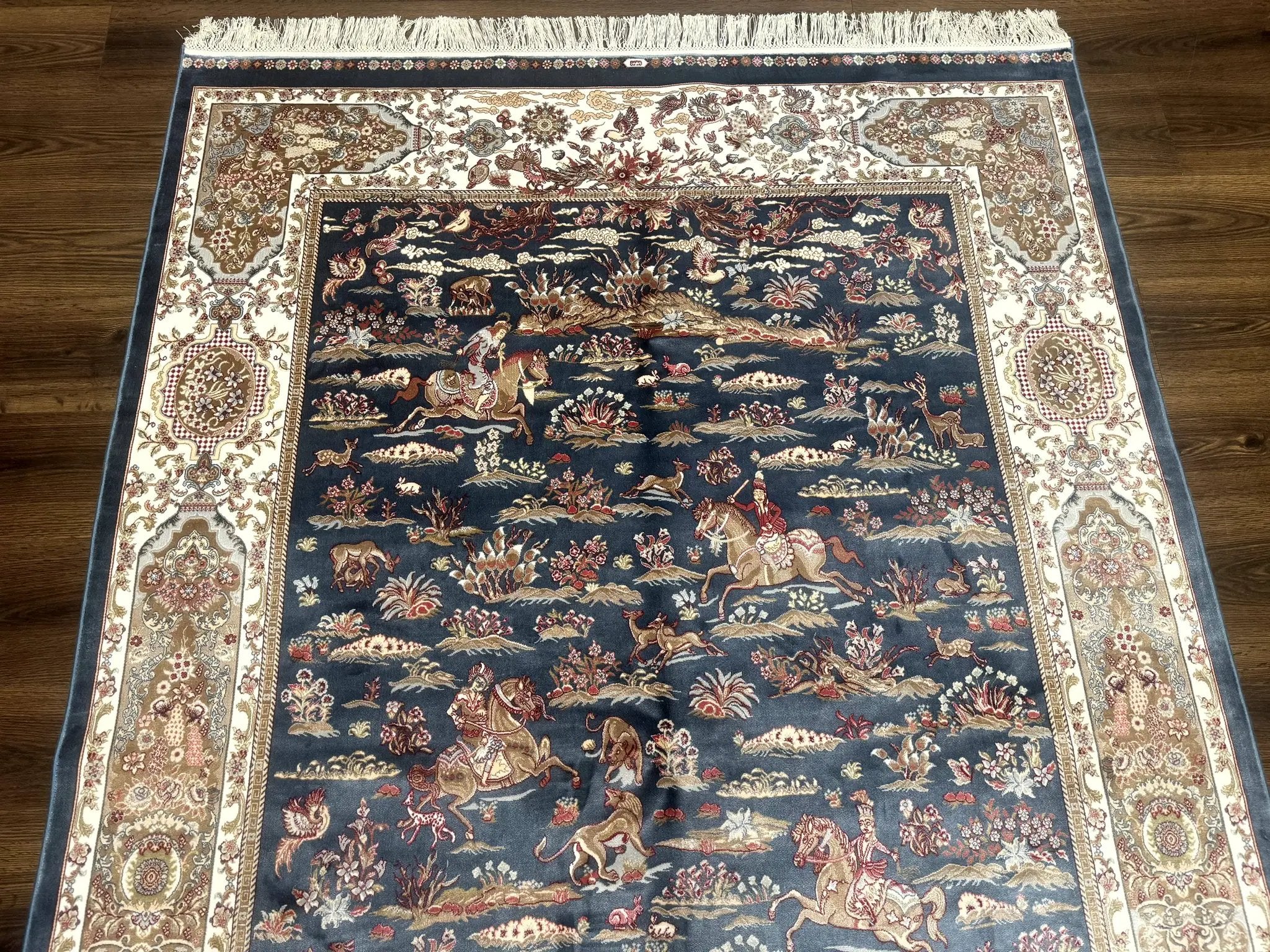 Turkish Silk Rug 5x8, Hunting Design, Animal Pictorials, Steel Blue & Ivory, Bamboo Silk by Jewel Rugs