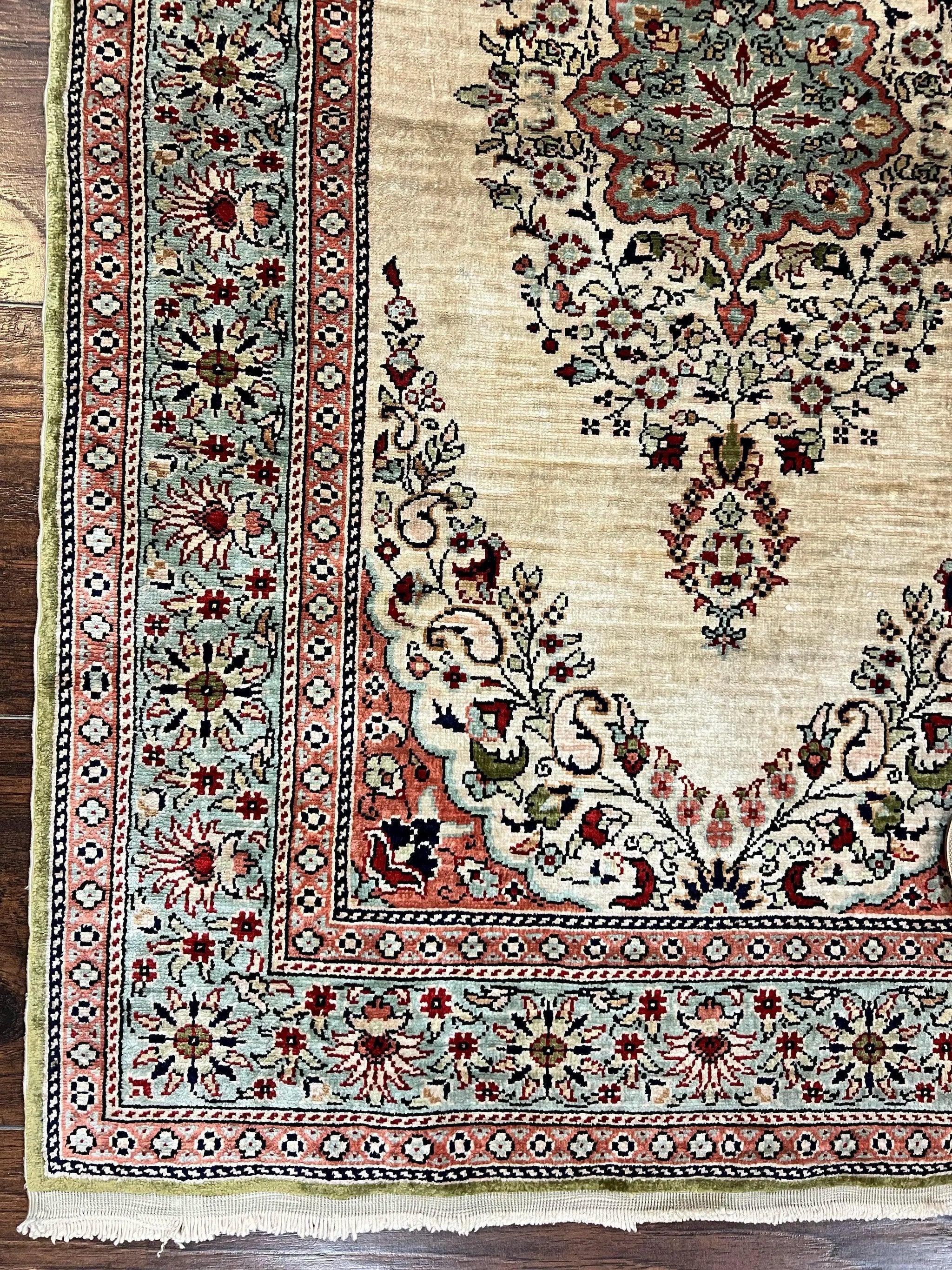 Silk Turkish Kayseri Rug 2x3, Very Finely Hand Knotted, Semi Open Field, Vintage, Silk Pile on Silk Foundation, 300 KPSI by Jewel Rugs