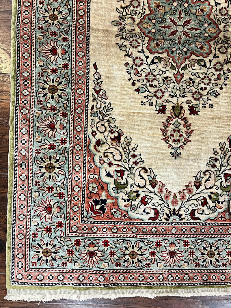 Silk Turkish Kayseri Rug 2x3, Very Finely Hand Knotted, Semi Open Field, Vintage, Silk Pile on Silk Foundation, 300 KPSI by Jewel Rugs