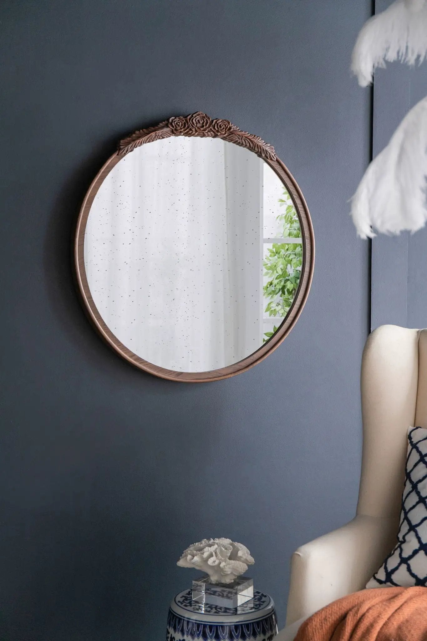 Round Hand Carved Rose Antique Mirror Frame, Wall Mirror For Live Space by Unique Piece Furniture