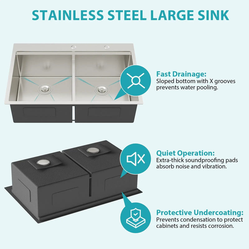 Topmount Drop In Kitchen Sink, Double Bowl Stainless Steel - Brushed Nickel by HouseOfZazla