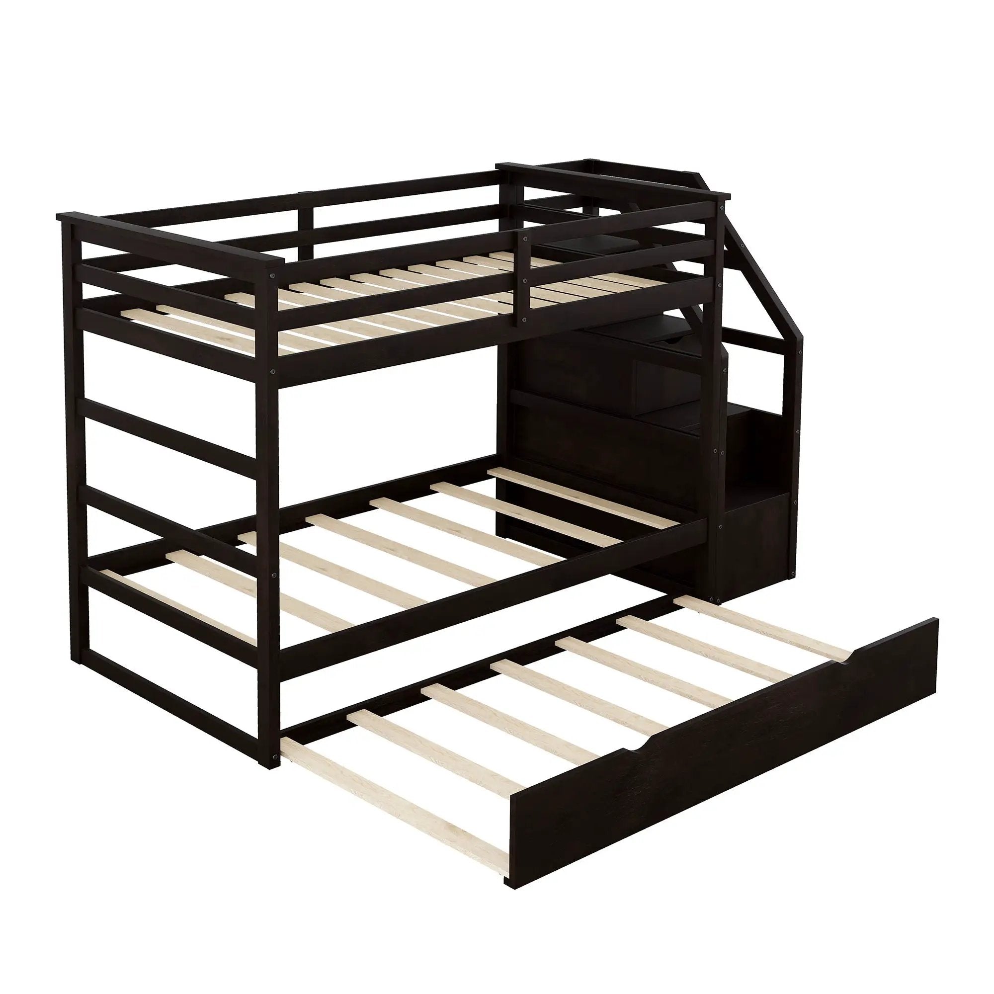 Twin Over Twin Bunk Bed With Twin Size Trundle And 3 Storage Stairs - Espresso by Unique Piece Furniture