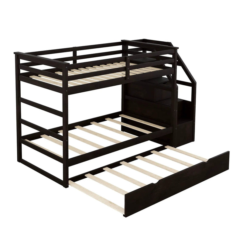 Twin Over Twin Bunk Bed With Twin Size Trundle And 3 Storage Stairs - Espresso by Unique Piece Furniture