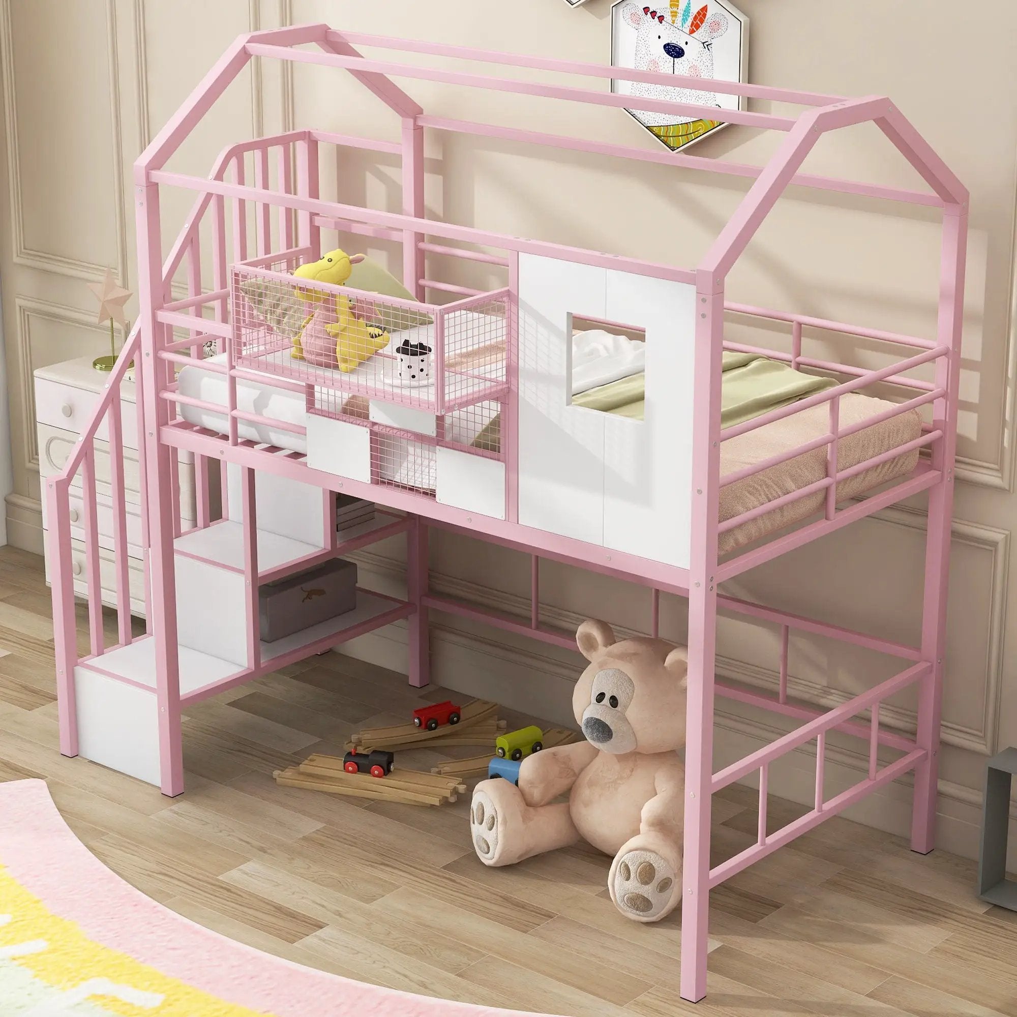Metal Loft Bed With Roof Design And Storage Box With Guardrails And Integrated Ladder by Unique Piece Furniture