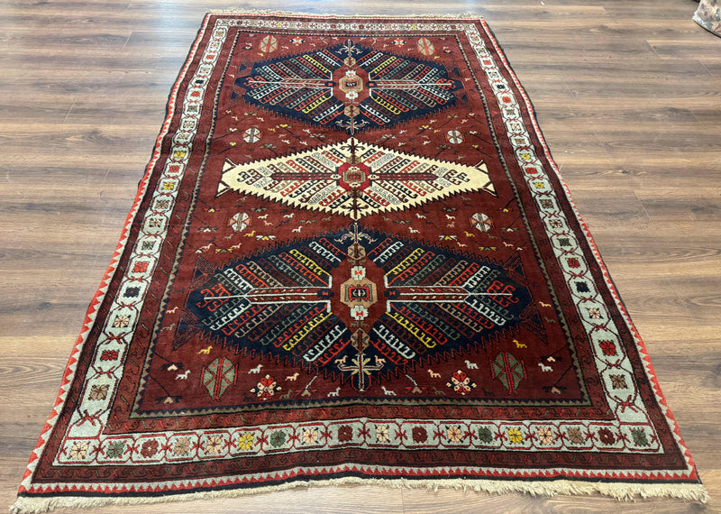 Antique Persian Tribal Rug 5 x 7.8, Triple Medallions, Red, Persian Afshar Rug by Jewel Rugs