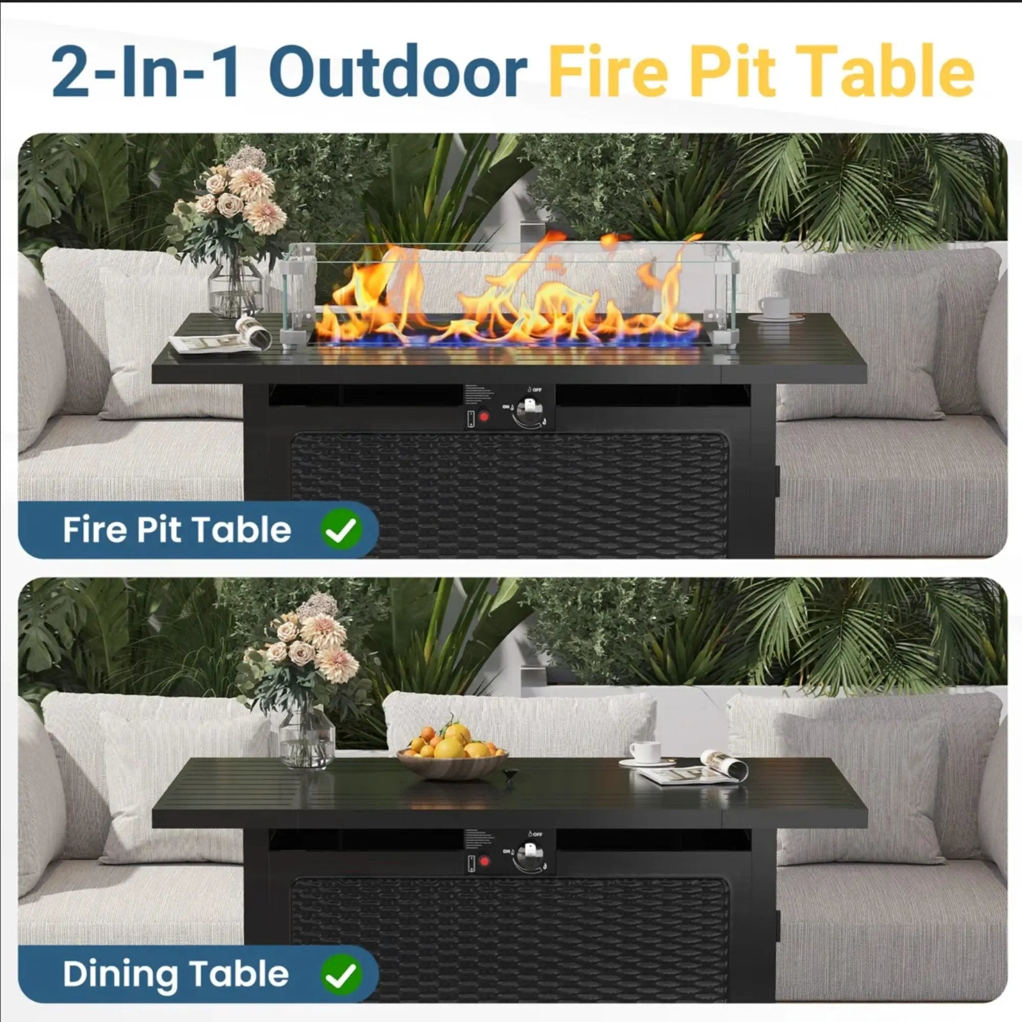 Outdoor 2 In 1 Propane Fire Pit Table With Lid & Glass Shield, Rectangular Fire Table, Lava Rock & Cover - Black by HouseOfZazla