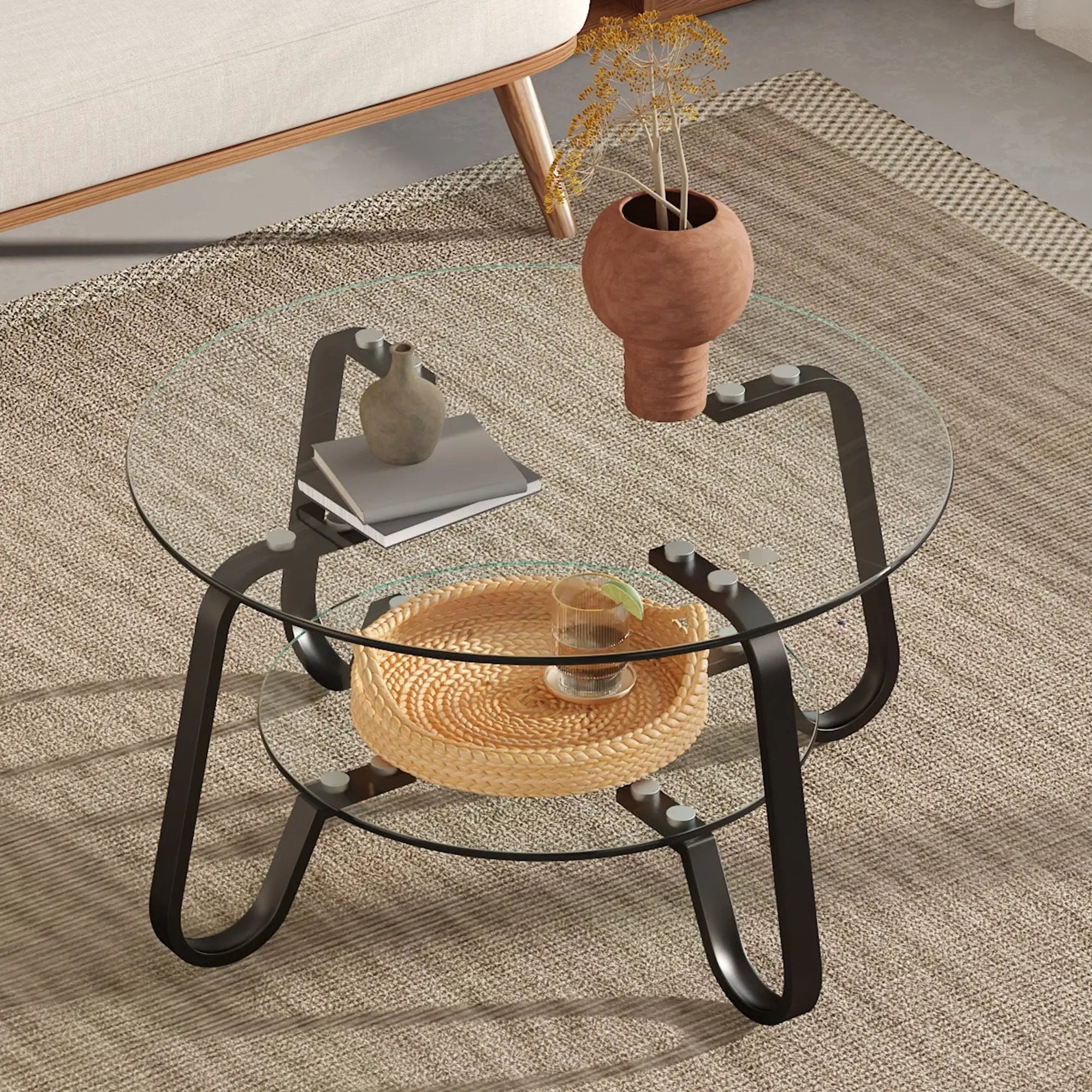 Retro Minimalist Style Metal Frame Double Layer Tempered Glass Coffee Table by Unique Piece Furniture