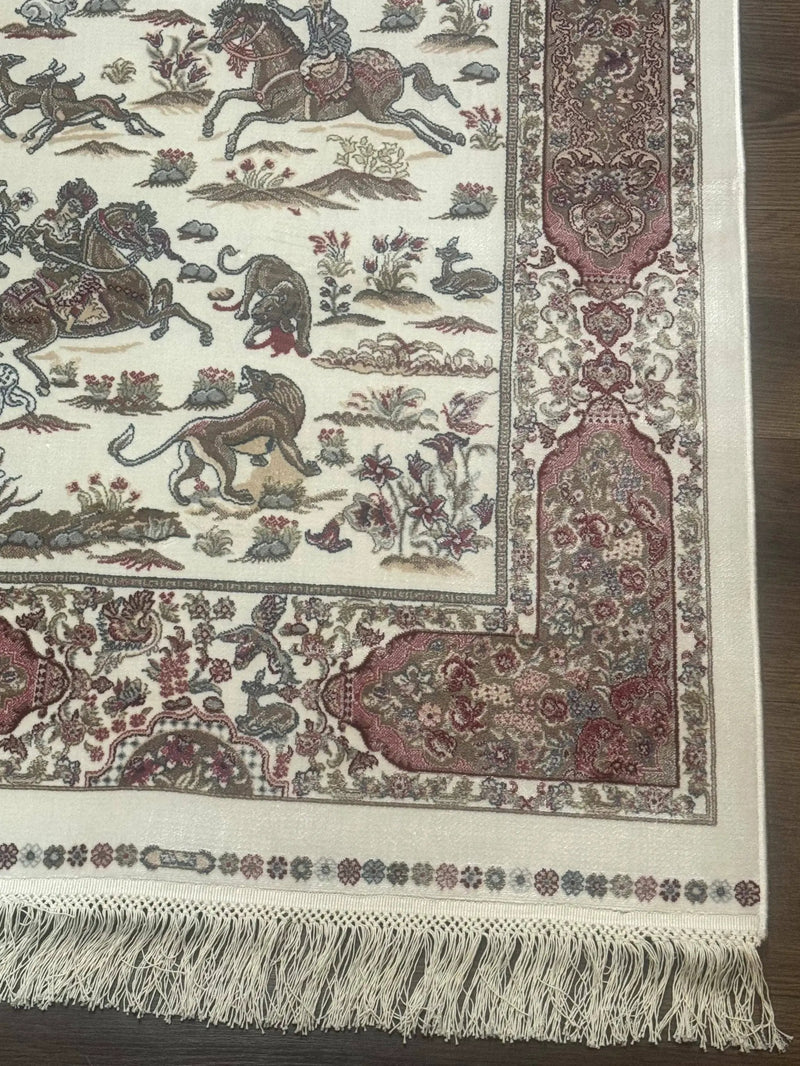 Turkish Silk Runner Rug 2.6 x 8, Hunting Design, Ivory, Bamboo Silk, New by Jewel Rugs
