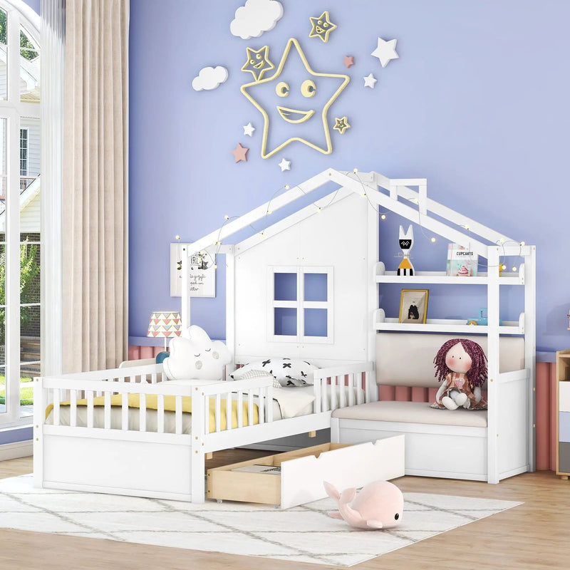 House Bed With Sofa, Kids Platform Bed With 2 Drawers And Storage Shelf by Unique Piece Furniture