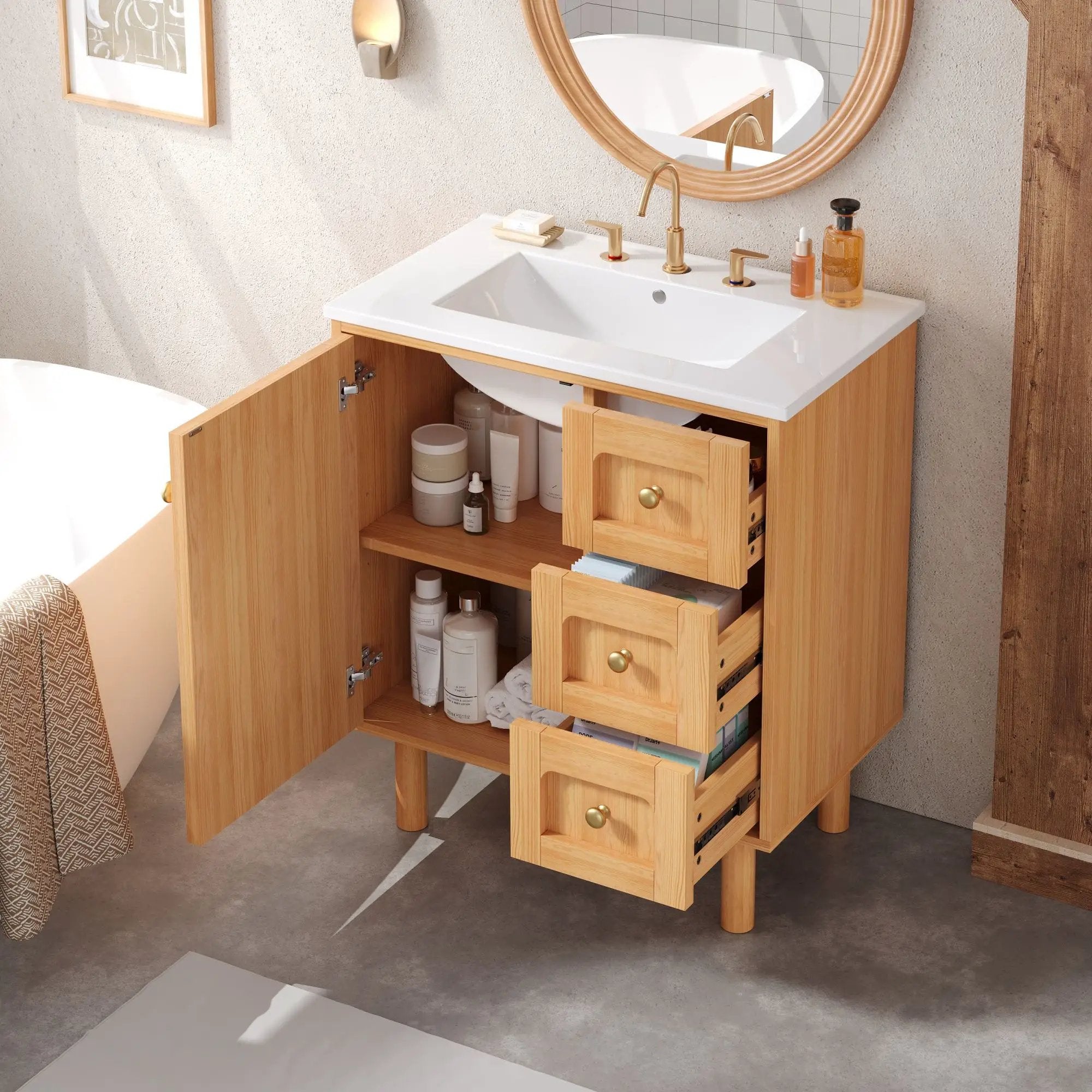 Bathroom Vanity With Sink, 3 Drawers, Soft Close Door - Natural Wood by HouseOfZazla