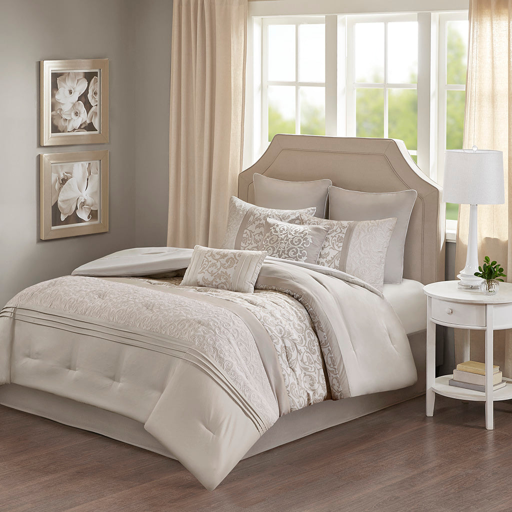 Embroidered 8 Piece Comforter Set Neutral Queen by HouseOfZazla