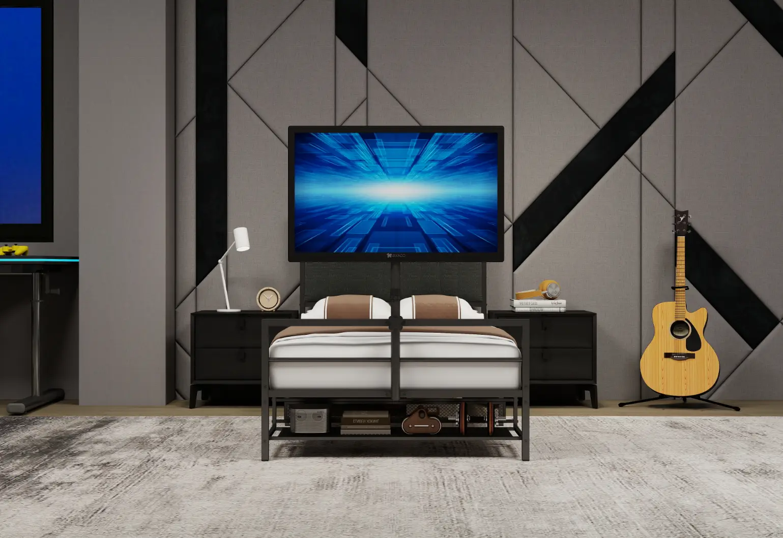 Twin Size Gaming Bed with Rotating TV Mount and LED Lighting by HouseOfZazla