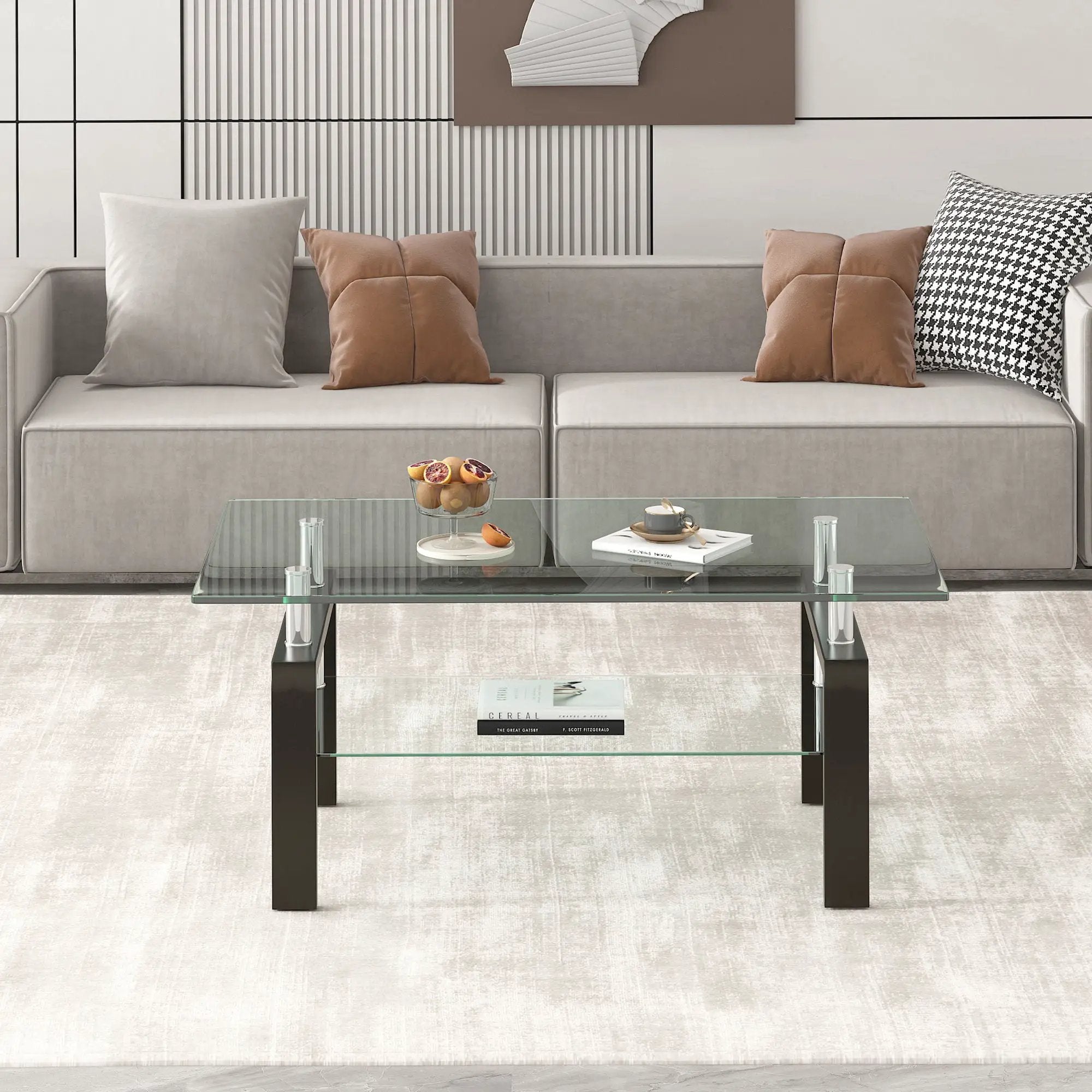 Tempered Clear Glass Coffee Table, 2-Layers Coffee Table Living Room Center Table - Black by HouseOfZazla