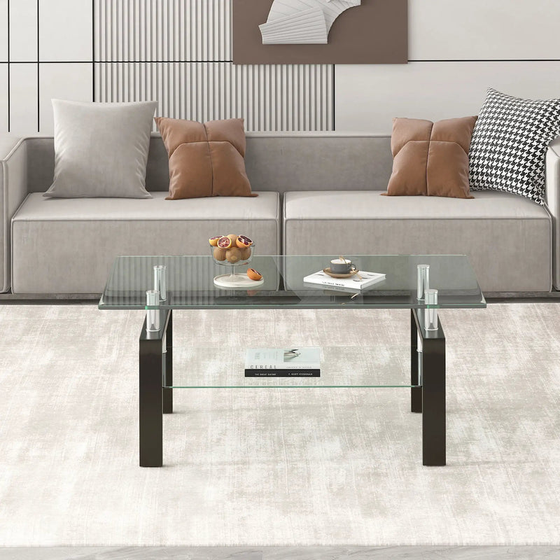 Tempered Clear Glass Coffee Table, 2-Layers Coffee Table Living Room Center Table - Black by HouseOfZazla