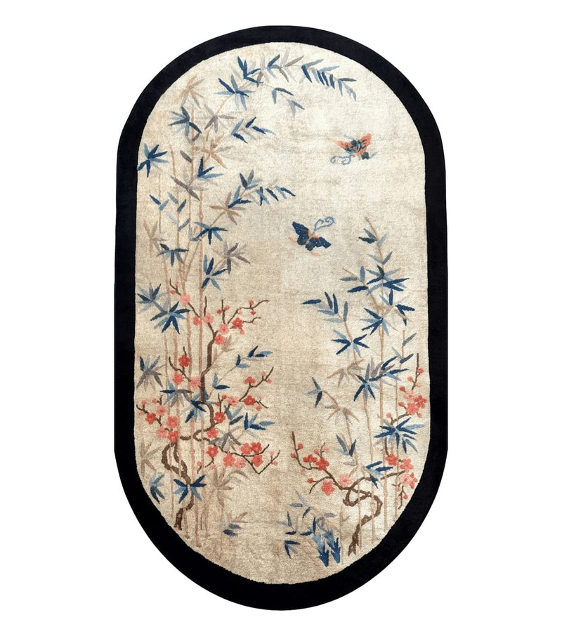 Antique Chinese Oval Rug 3.9 x 6.7, Floral, Butterflies, Chinese Wool Art Deco Peking Carpet, Beige, Handmade by Jewel Rugs