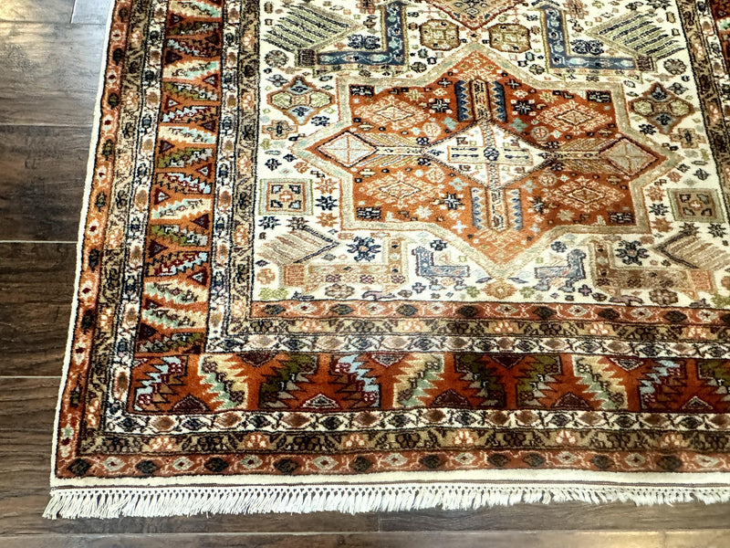 Turkish Kazak Rug 4x6, Geometric Medallions, Vintage Handmade Wool Carpet by Jewel Rugs